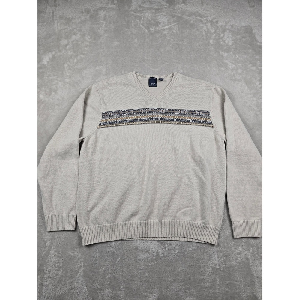 Arrow Sweater Men XXL Beige V-Neck Fair Isle Pattern‎ Cotton Knit Pullover